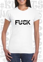 FUCK OFF damesshirt - Wit met zwarte design - Maat L - Korte mouwen - Ronde hals - Aansluitende zijnaden - Grappige teksten - leuke shirts - humor - quotes - kwoots - kado - cadeau