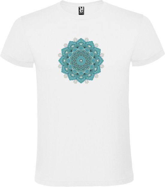 Wit T-shirt met Grote Mandala in Blauw/Groene tint size L