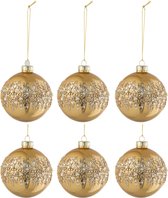 J-Line Doos Van 6 Kerstballen Rond Glitter Goud Glas Blinkend Oker