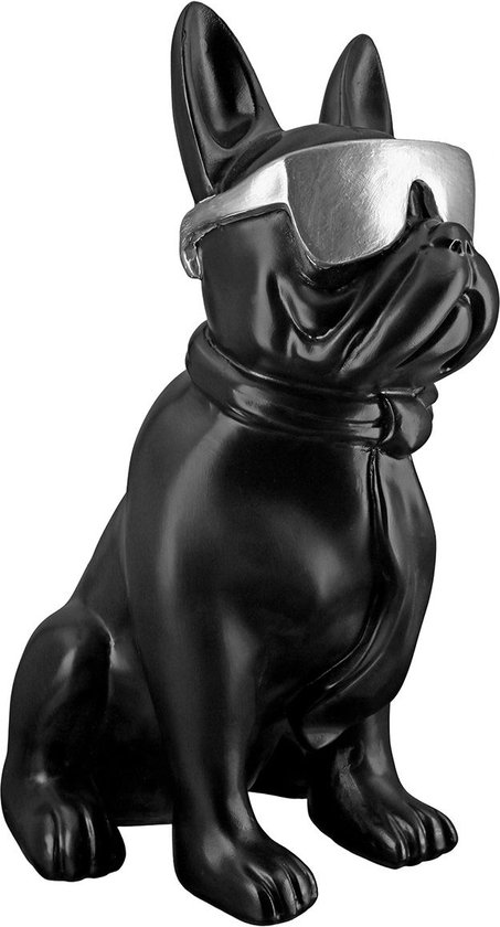 Beeld cool doggie Mopshond - polyresin 22x35 cm kleur zwart zilver - honden beeld