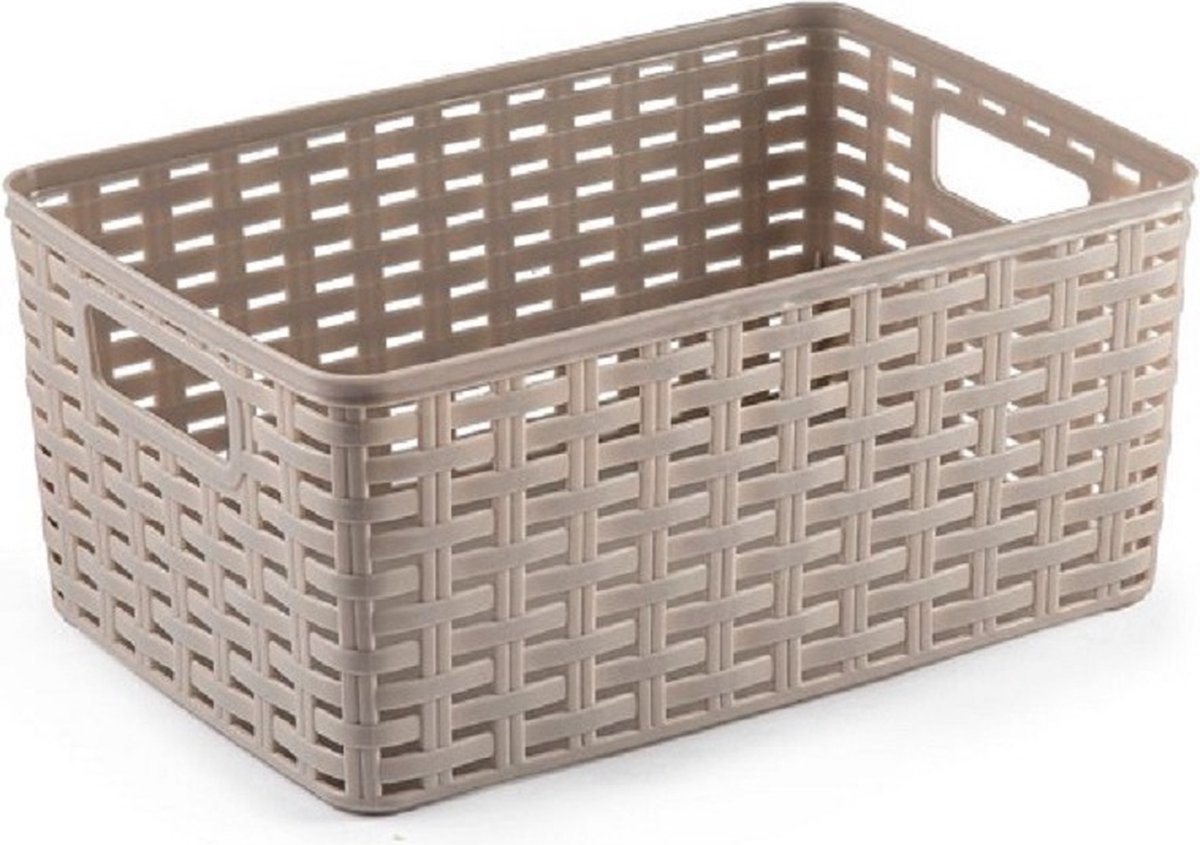 6x stuks rotan gevlochten opbergmand/opbergbox kunststof - Taupe - 19 x 29 x 13 cm - Kast mandjes