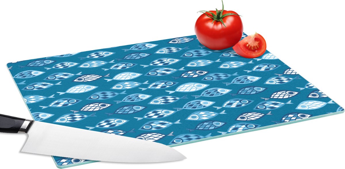 Glazen Snijplank - 39x28 - Vissen - Blauw - Patronen - Snijplanken Glas
