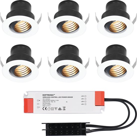 Set van 6 12V 3W - Mini LED Inbouwspot - Wit - Kantelbaar & verzonken - Verandaverlichting - IP44 voor buiten - 2700K - Warm wit