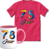 78 Jaar Vrolijke Verjaadag T-shirt met mok giftset Roze | Verjaardag cadeau pakket set | Grappig feest shirt Heren – Dames – Unisex kleding | Koffie en thee mok | Maat XXL