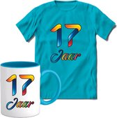 17 Jaar Vrolijke Verjaadag T-shirt met mok giftset Blauw | Verjaardag cadeau pakket set | Grappig feest shirt Heren – Dames – Unisex kleding | Koffie en thee mok | Maat XXL