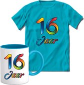 16 Jaar Vrolijke Verjaadag T-shirt met mok giftset Blauw | Verjaardag cadeau pakket set | Grappig feest shirt Heren – Dames – Unisex kleding | Koffie en thee mok | Maat 3XL