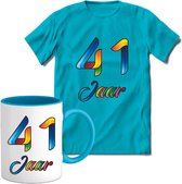 41 Jaar Vrolijke Verjaadag T-shirt met mok giftset Blauw | Verjaardag cadeau pakket set | Grappig feest shirt Heren – Dames – Unisex kleding | Koffie en thee mok | Maat S