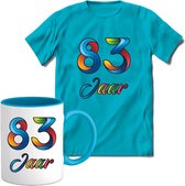 83 Jaar Vrolijke Verjaadag T-shirt met mok giftset Blauw | Verjaardag cadeau pakket set | Grappig feest shirt Heren – Dames – Unisex kleding | Koffie en thee mok | Maat L