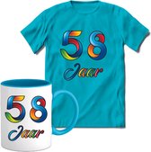 58 Jaar Vrolijke Verjaadag T-shirt met mok giftset Blauw | Verjaardag cadeau pakket set | Grappig feest shirt Heren – Dames – Unisex kleding | Koffie en thee mok | Maat M