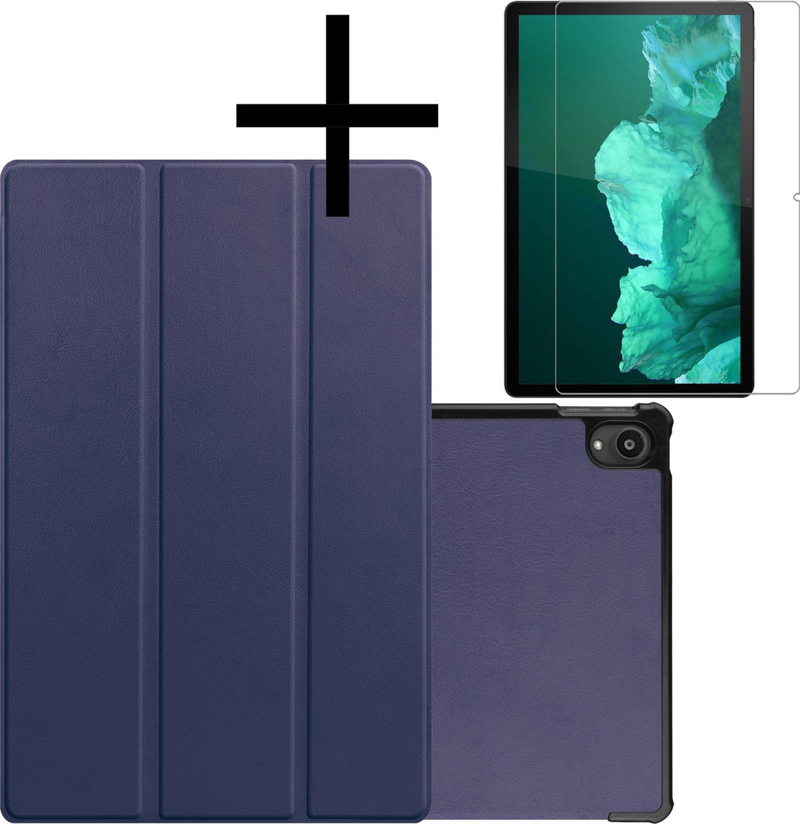 Hoes - Geschikt voor Lenovo Tab P11 - Met Screenprotector - Trifold Bookcase - Hard Cover - Hardcover Book Case - Tablet Hoesje - Donkerblauw