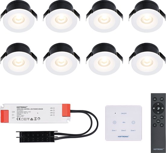 8x Cadiz - Mini 12V LED inbouwspot wit met trafo en muurdimmer - 3 Watt - Dimbaar - IP44 waterdicht voor buiten - 2700K Warm wit - Lage inbouwdiepte 26mm - Voor veranda, badkamer, carport en binnenruimtes