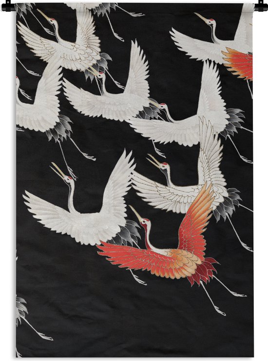 Wandkleed - Wanddoek - Scandinavisch - Kraanvogel - Japan - Rood - Wit - 90x135 cm - Wandtapijt