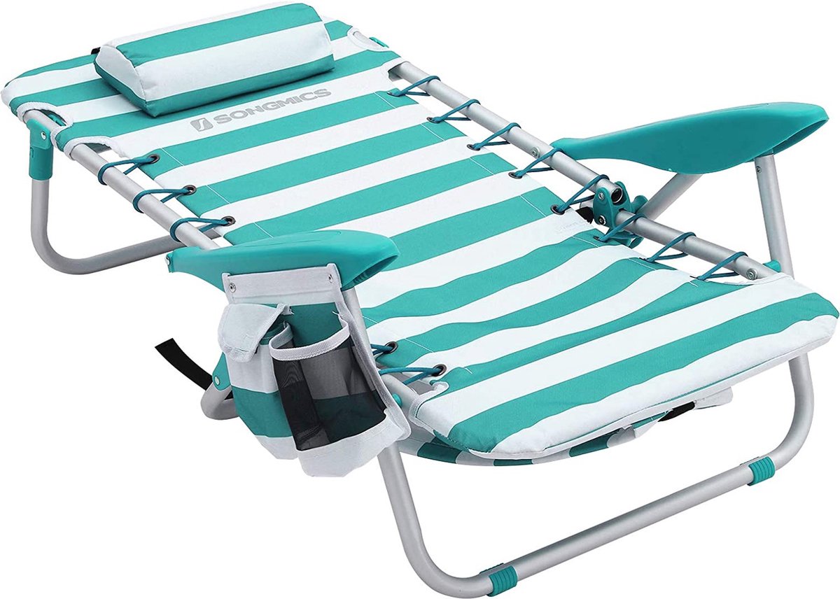 strandstoel met afneembare hoofdsteun, draagbare klapstoel, campingstoel, rugleuning tot 180° verstelbaar, met bekerhouder en zijvak, groene en witte strepen GCB62JW
