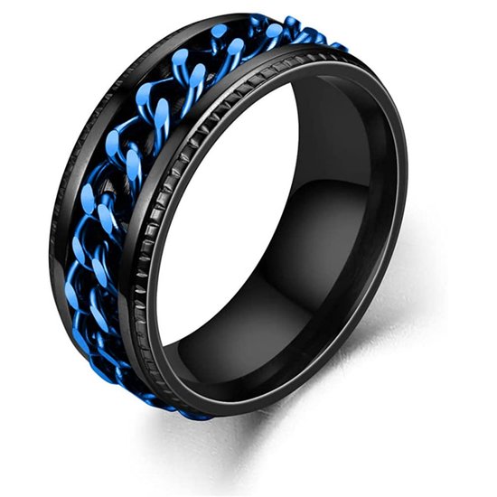 Anxiety Ring - (Ketting) - Stress Ring - Fidget Ring - Fidget Toys - Draaibare Ring - Spinning Ring - Zwart-Blauw kleurig RVS - (16.00mm / maat 50)