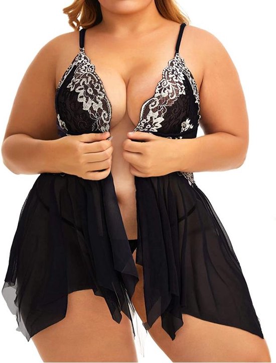 Robe de nuit super sexy + string - robe babydoll - chemise de nuit babydoll en dentelle ornée de motifs de fleurs - chemise de nuit babydoll - lingerie babydoll