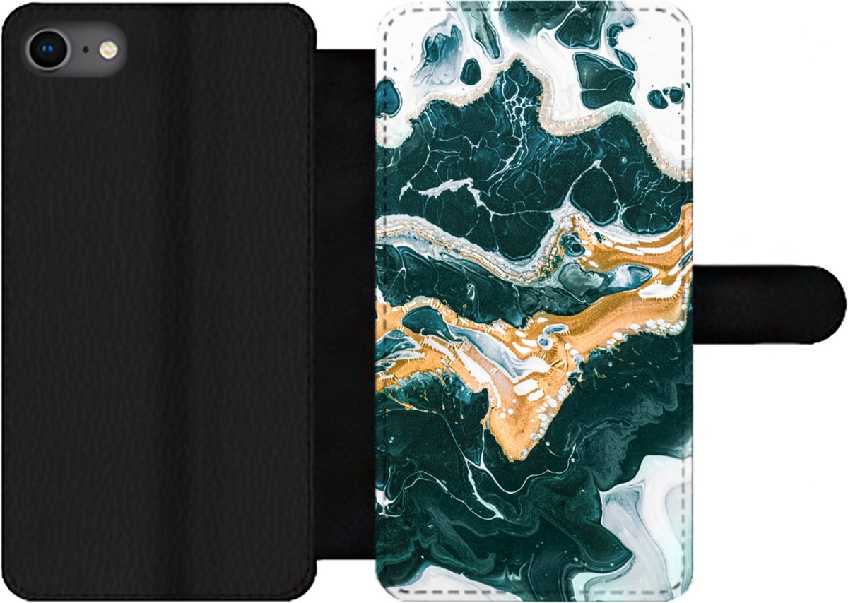 Telefoonhoesje Geschikt voor iPhone SE 2020 telefoonhoesje - Marmer print - Aqua - Goud - Met vakjes - Wallet case met magneetsluiting