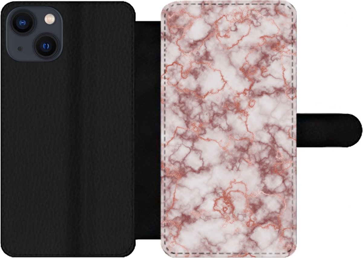 Telefoonhoesje Geschikt voor iPhone 13 telefoonhoesje - Marmer print - Paars - Lijn - Met vakjes - Wallet case met magneetsluiting