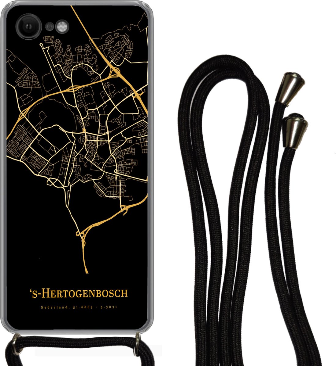 Telefoonkoord - Telefoonketting - Telefoonhoesje Geschikt voor iPhone 7 - 's-Hertogenbosch - Kaart - Goud - Siliconen - Crossbody - Telefoonhoesje met koord Telefoonhoesje