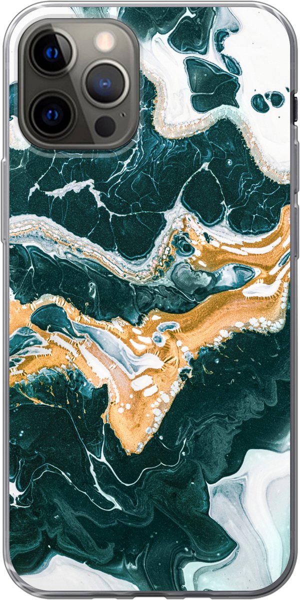 Telefoonhoesje Geschikt voor iPhone 13 Pro hoesje - Marmer print - Aqua - Goud - Siliconen Telefoonhoesje Telefoonhoesje