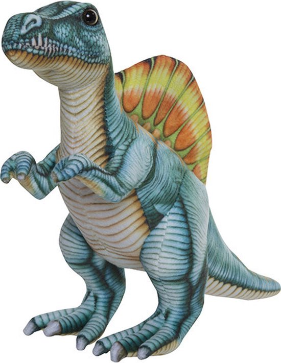 Groene Stegosaurus dinosaurus knuffel met geel-oranje rugzeil en vriendelijk gezicht.