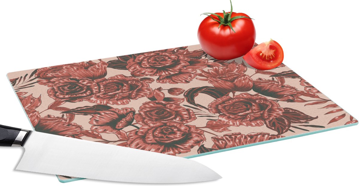 Glazen Snijplank - 28x20 - Roos - Patroon - Bloemen - Snijplanken Glas