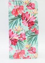 P.C.K. Hoesje/Boekhoesje/Bookcase groen met roze bloemen print geschikt voor Samsung Galaxy S21