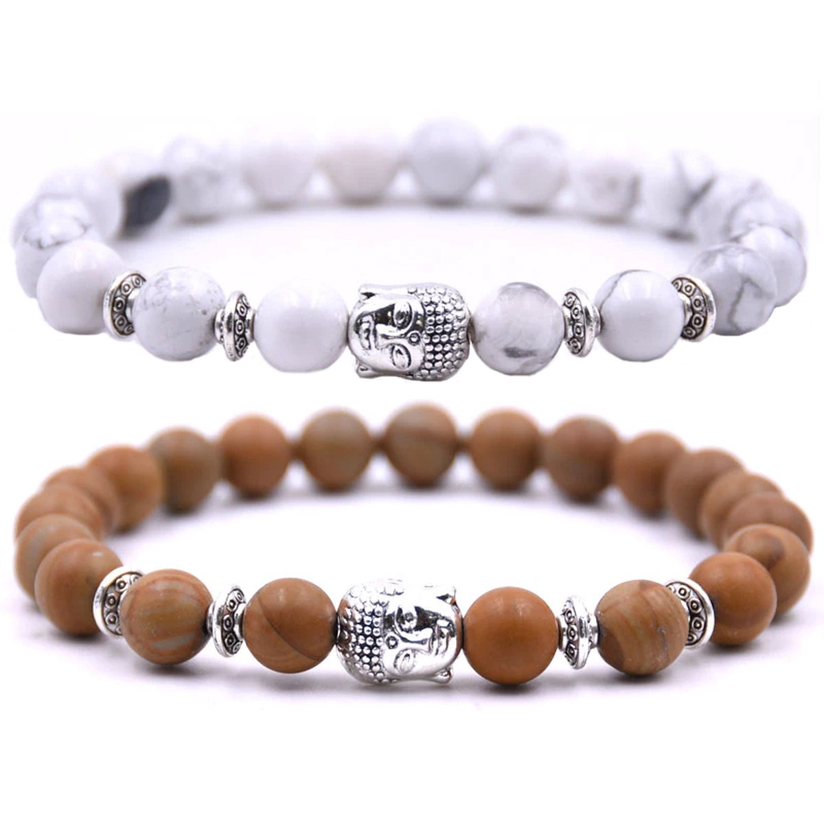 Kralen armband buddha bedel (boedha) - Armband dames / heren / unisex - Natuursteen kralen bandje - Elastiek 19 cm - 8mm stenen - Armbandenset (2 stuks) - Wit marmer & bruin