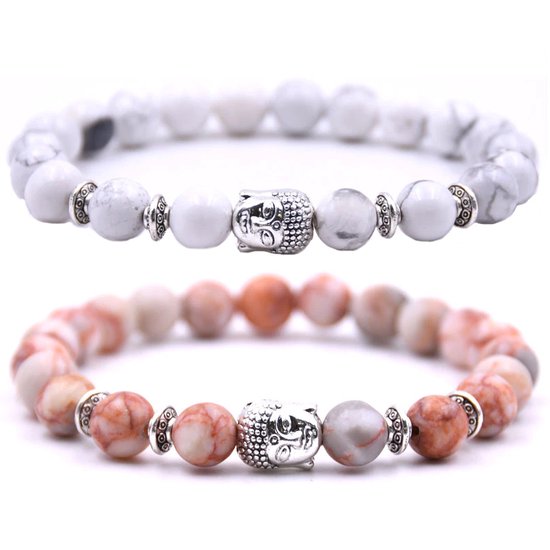 Armband heren / dames / unisex - met buddha bedel - Kralen armband boedha - Chakra armband - Cadeau voor hem of haar - Armbandenset 2 bandjes - Wit marmer & koraal