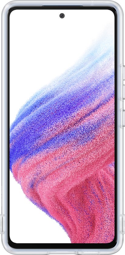 Voorkant van een lichtblauw Samsung telefoon met scherm, in een transparante hoes.