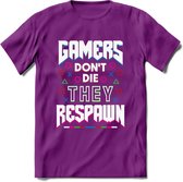 Gamers don't die T-shirt | Gaming kleding | Grappig game verjaardag cadeau shirt Heren – Dames – Unisex | - Paars - S