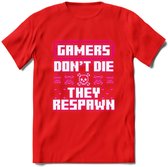 Gamers don't die pixel T-shirt | Neon Roze | Gaming kleding | Grappig game verjaardag cadeau shirt Heren – Dames – Unisex | - Rood - S