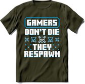 Gamers don't die pixel T-shirt | Blauw | Gaming kleding | Grappig game verjaardag cadeau shirt Heren – Dames – Unisex | - Leger Groen - XXL