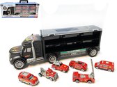 Brandweer vrachtwagen transporter truck - Fireman - Bluswagen - speelgoed mini brandweerauto's - 6-delig set koffer - Oplegger voor 12 brandweerwagens - 39cm