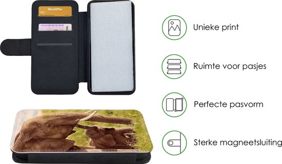 Étui pour téléphone iPhone 12 Bookcase - Éléphant - Herbe - Jeune - Tronc - Avec compartiments - Étui portefeuille avec fermeture magnétique