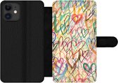 Bookcase Geschikt voor iPhone 12 Pro Max telefoonhoesje - Een illustratie met hartjes op de achtergrond - Met vakjes - Wallet case met magneetsluiting