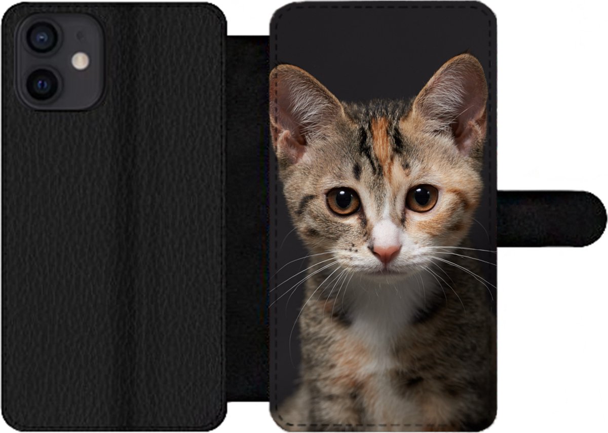 Telefoonhoesje Geschikt voor iPhone 12 telefoonhoesje - Kat - Zwart - Portret - Met vakjes - Wallet case met magneetsluiting