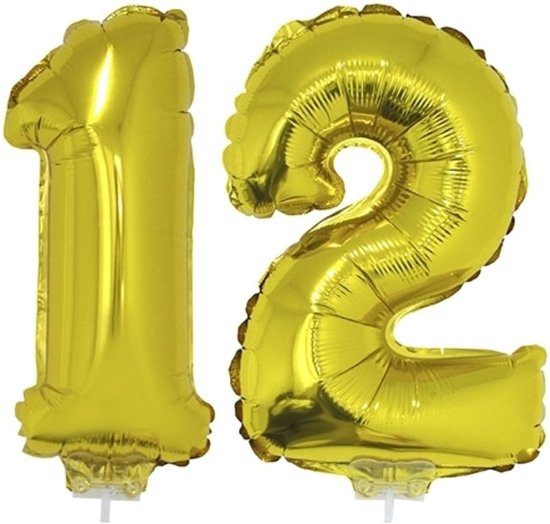 12 jaar leeftijd feestartikelen/versiering cijfers ballonnen op stokje van 41 cm - Combi van cijfer 12 in het goud