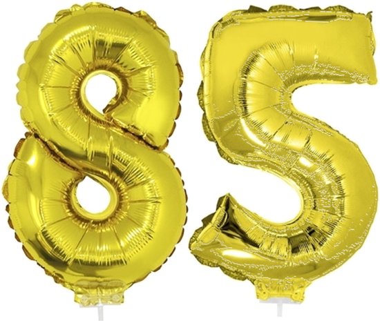 85 jaar leeftijd feestartikelen/versiering cijfers ballonnen op stokje van 41 cm - Combi van cijfer 85 in het goud