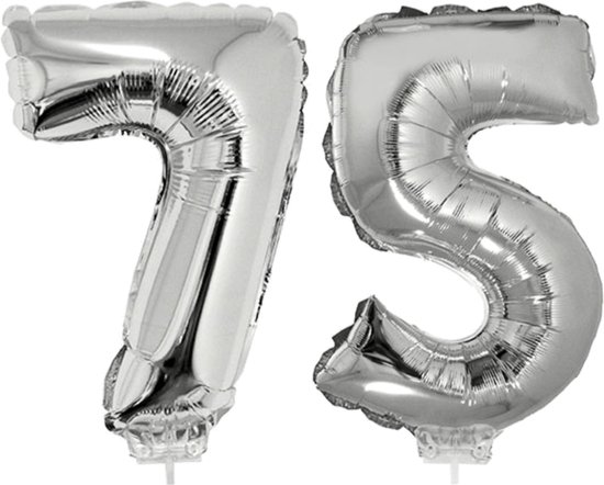 75 jaar leeftijd feestartikelen/versiering cijfers ballonnen op stokje van 41 cm - Combi van cijfer 75 in het zilver