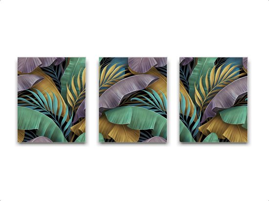 Schilderij  Set 3 Luxe tropische bladeren paars goud groen - Planten / Bladeren / Planten / Bladeren / 50x40cm