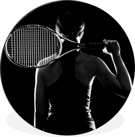 WallCircle - Wandcirkel - Muurcirkel - Tennisspeelster op een zwarte achtergrond - zwart wit - Aluminium - Dibond - ⌀ 30 cm - Binnen en Buiten