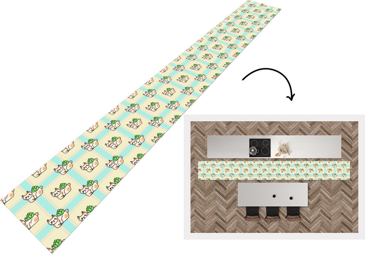 Keukenloper - Keukenmat - Katten - Planten - Pastel - Kind - Patroon - 400x50 cm - Keuken