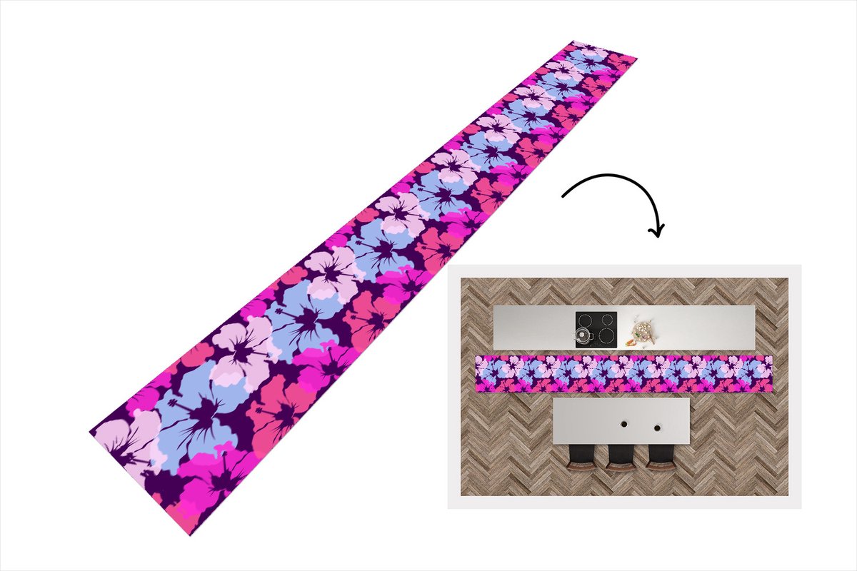 KitchenYeah Keukenloper - Keukenmat - Pastel - Hibiscus - Bloem - Hawaii - Design - 400x50 cm - Keuken vloerkleed Multicolor