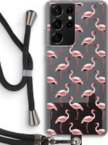 Case Company® - Samsung Galaxy S21 Ultra hoesje met Koord - Flamingo - Telefoonhoesje met Zwart Koord - Bescherming aan alle Kanten en Over de Schermrand