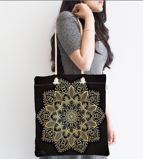 Schoudertas dames met rits - Gold mandala op zwart- 45x50 - Strandtas - Shopper tas - Dames tassen - Zomer - Hobby