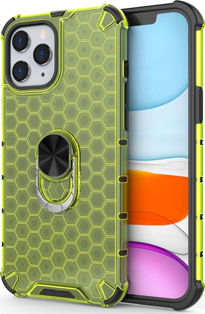 Mobigear Hoesje geschikt voor Apple iPhone 12 Pro Max Telefoonhoesje Hardcase | Mobigear Honeycomb Ring Backcover Shockproof met Ringhouder | Schokbestendig iPhone 12 Pro Max Telefoonhoesje | Anti Shock Proof - Groen