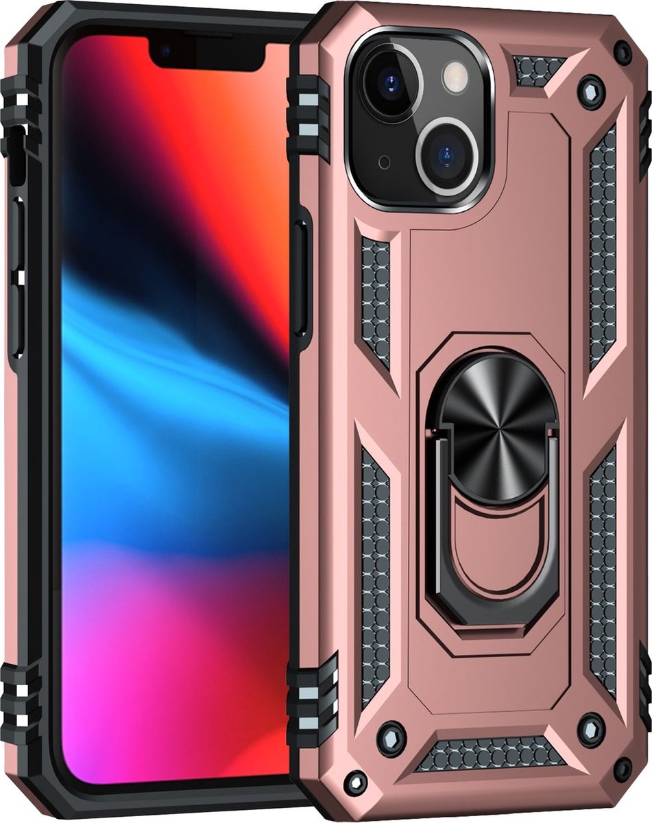 Mobigear Hoesje geschikt voor Apple iPhone 13 Telefoonhoesje Hardcase | Mobigear Armor Ring Backcover Shockproof met Ringhouder | Schokbestendig iPhone 13 Telefoonhoesje | Anti Shock Proof - Roségoud