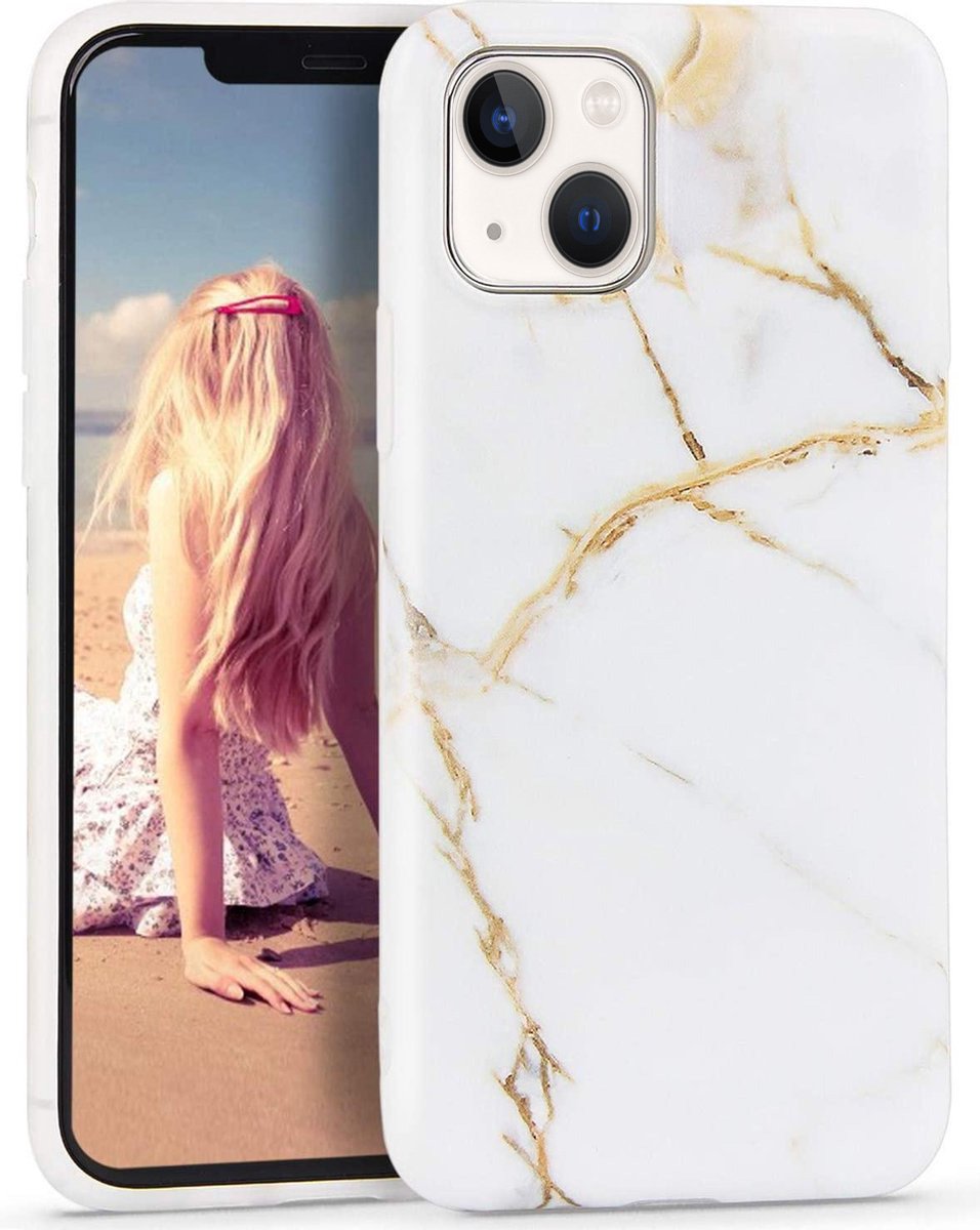 Backcover Geschikt voor Apple iPhone 13 - Wit / Goud - Marmer - Soft TPU