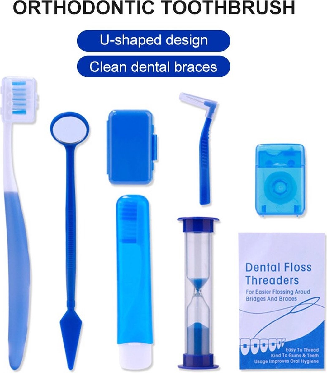 Goedkoopste 8 Stuks Orthodontische Set – Tandenborstel, Rager, Flossdraad, Spiegeltje, Zandloper, Opvouwbare Tandenborstel – Blauw