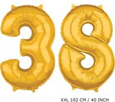 Mega grote XXL gouden folie ballon cijfer 38 jaar.  leeftijd verjaardag 38 jaar. 102 cm 40 inch. Met rietje om ballonnen mee op te blazen.